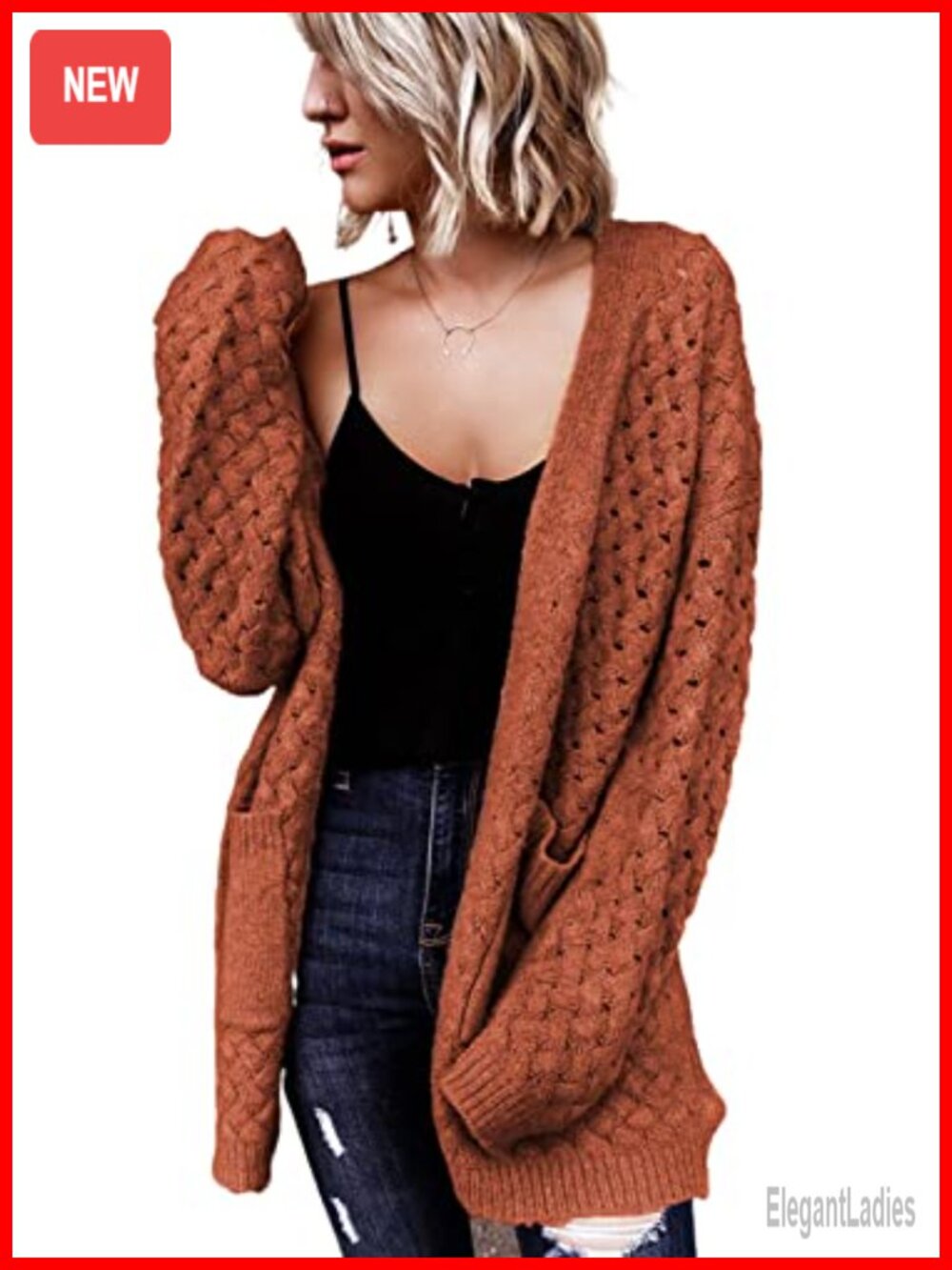 Open Front Cable Knit Cardigan Long Sleeve Chunky Sweater with Pockets